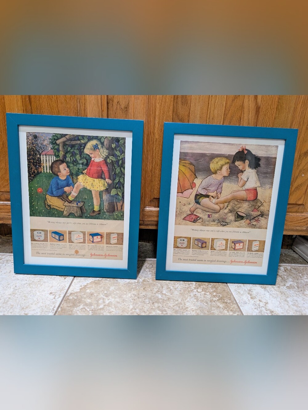 2 Framed Original Bandage Ads Johnson & Johnson - Art Gladys R Davis Garden Kids